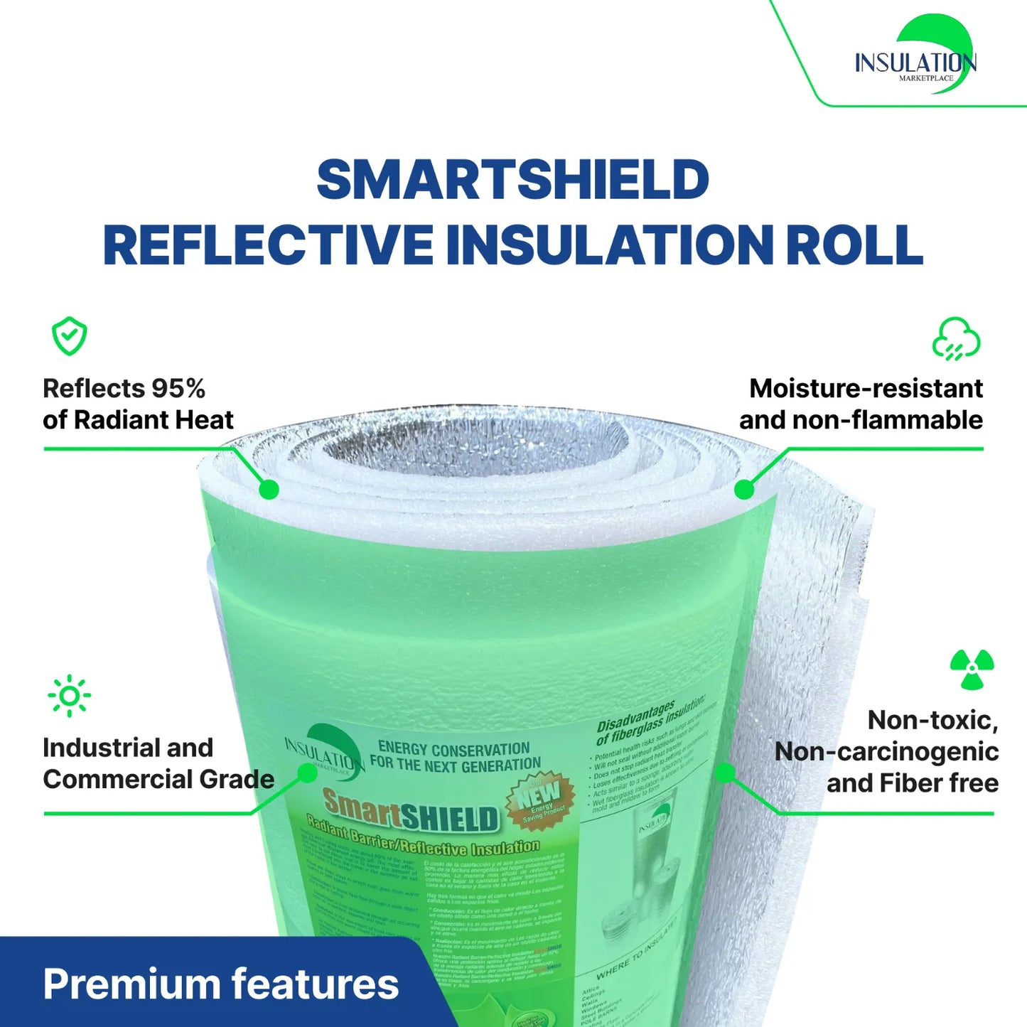 SmartSHIELD -20mm Reflective Insulation Roll, Foam Core Radiant Barrier, Thermal Foil Insulation Panel - 0.8 Inch Thickness, R-18 - White Film/Engineered Foil specification 